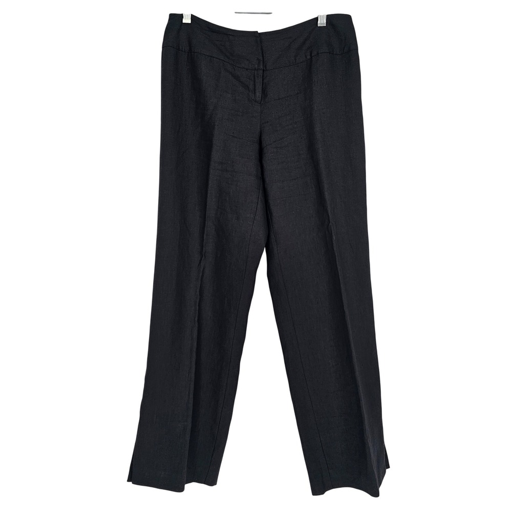 100% Linen Wide Leg Pants 6 Black Flat Front Ankle Slits Coastal Minimalist‎